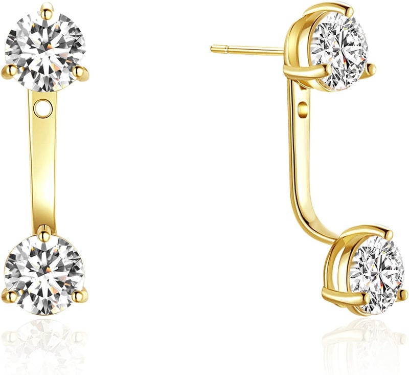 espere Bold CZ Ear Jacket Studs Front Back Earrings | Round Cut CZ Drop Earrings | 18K Gold Vermeil | Solitaire Drop Earrings - Image 1